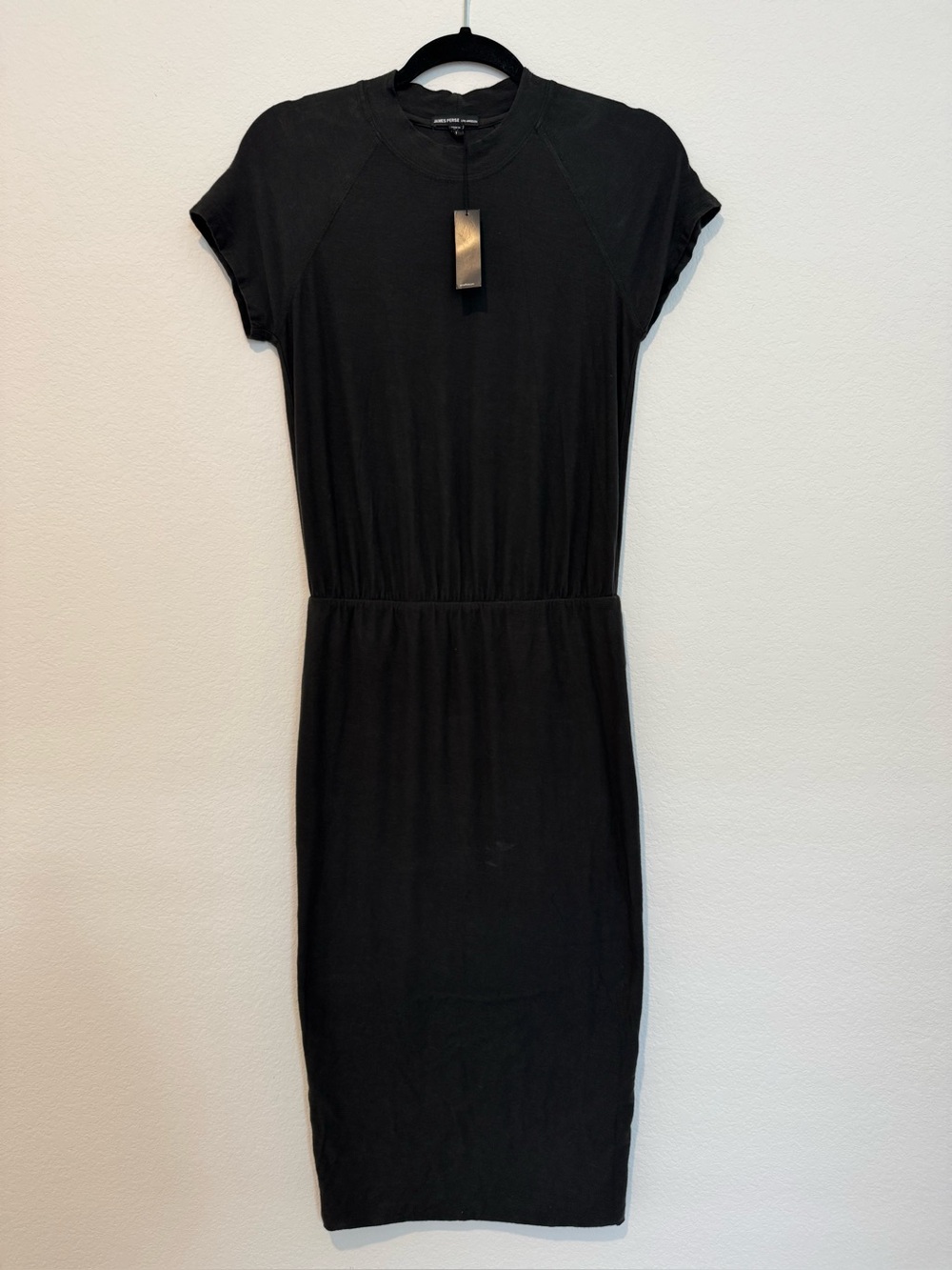 James Perse Los Angeles Black Short Sleeve High Neck Midi Dress